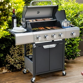 Coleman BBQ 4-Burner, 45K BTU, Side Burner, Storage Shelves