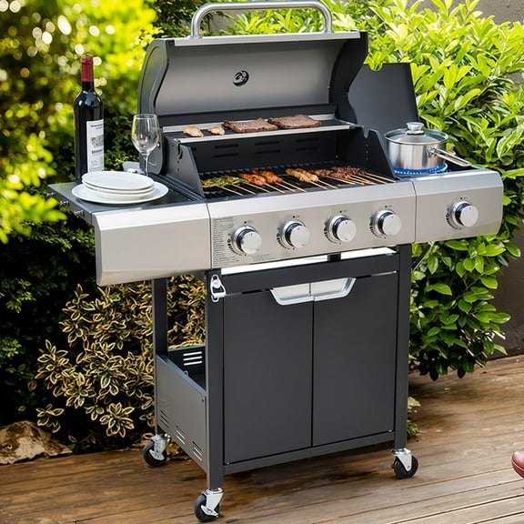 Stainless Steel Propane Gas BBQ with 4 Burners and Side Burner, 46,790BTU for Garden, Patio, Backyard