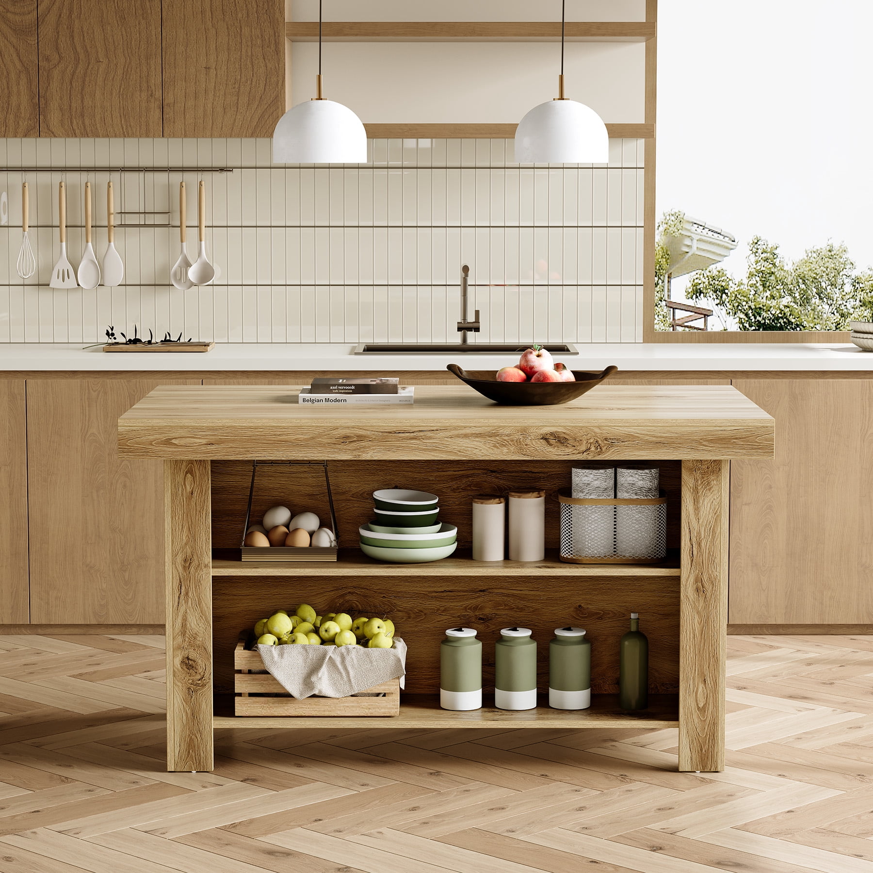 Finmind 3-Tier Farmhouse  Kitchen Island with Storage Shelf, 55 Inches Wooden Stationary Island Table with Large Worktop for Kitchen, Oak