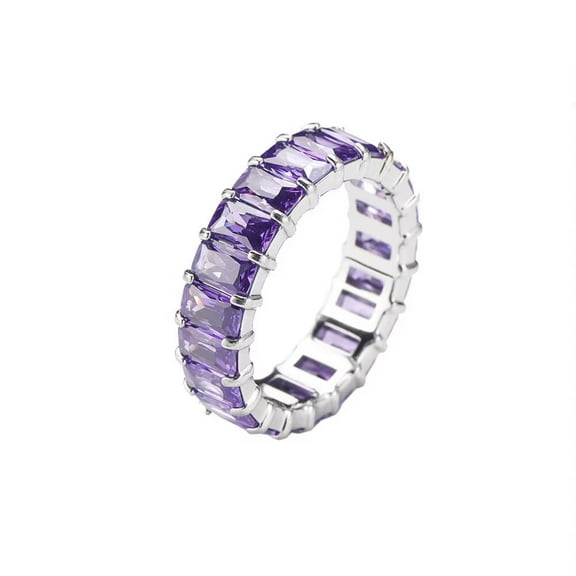 HIJONES Women's Stainless Steel Simple Rainbow Cubic Zirconia Ring Personalized Gift Dating Engagement Wedding Jewelry 6MM Purple CZ Silver Size 8