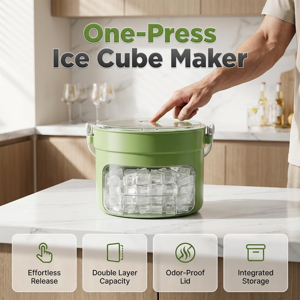 Ice Cube Tray with Lid and Bin, 25/50 Cube Press-Type Ice Maker Tray with Easy Press Lid, BPA-Free Compact Ice Cube Maker with Handle, Portable Ice Bucket for Freezer, Whiskey Cocktail