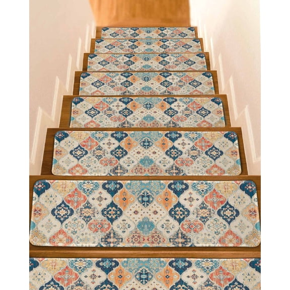Boho Non-Slip Stair Treads for Wooden Steps, 15 Pack 8x30 Inches Carpet Stair Mats with Adhesive Backing, Noise-Reducing Step Covers for Indoor Stairs, Easy to Install & Residue-Free