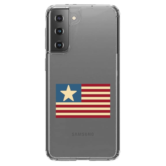 DistinctInk Clear Shockproof Hybrid Case for Galaxy S21 5G (6.2" Screen) - TPU Bumper Acrylic Back Tempered Glass Screen Protector - USA Single Star Flag Red White & Blue