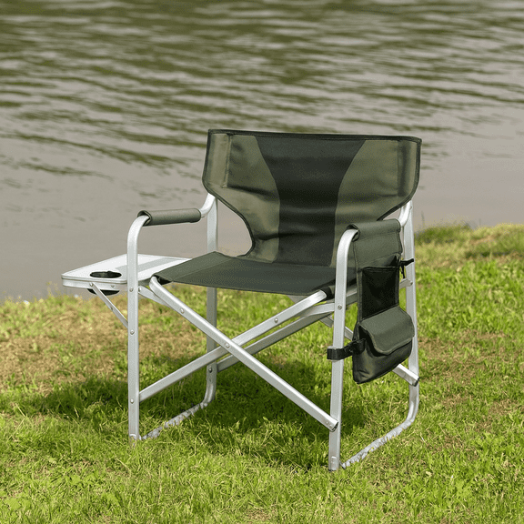1-piece Padded Folding Outdoor Chair with Side Table and Storage Pockets,Lightweight Oversized Directors Chair for indoor, Outdoor Camping, Picnics and Fishing,Green
