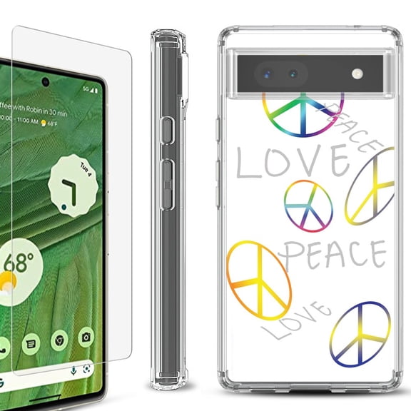 Shockproof Bumper Phone Case for Google Pixel 6a, with Tempered Glass Screen Protector, by OneToughShield ® - Love/Peace