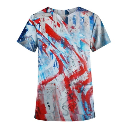 

NILLLY Womens Summer Tops Plus Size Cute Printed Scrub Working Uniform Tops for Women V-Neck Short Sleeve Fun T-Shirts Workwear Tee with Pockets Ladies Top Light Blue / S