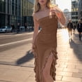 thumbnail image 3 of XUELUO Summer Dresses For Women Solid Color Off Shoulder Sleeveless A Line Slim Fashion Midi Bodycon Dress Activewear,Brown,L, 3 of 7