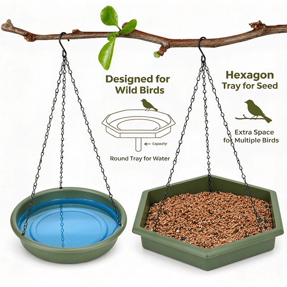 Zenoly 2 in 1 Hanging Bird Bath & Bird Feeder, XL Outdoor Wild Bird Water & Seed Station, Green Garden Yard Decor with Metal Chain