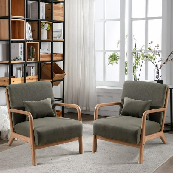 Bonzy Home Mid Century Modern Accent Chair with Wood Frame, Upholstered Living Room Chairs with Waist Cushion, Reading Armchair for Bedroom Sunroom (Green)