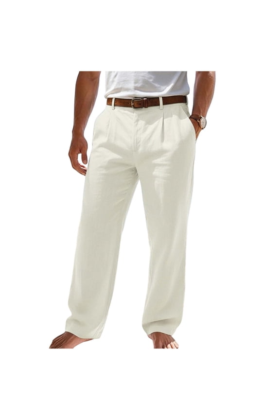 Men's Linen Blend Pleated Pants, Button Waist with Belt Loops, Straight Leg Trousers for Work & Beach Trips Gray XL
