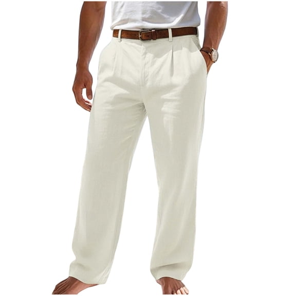BVnarty Men's Solid Linen Look Beach Casual Pants Button Elastic Waist Pocket Design Loose Fit Long Trousers for Vacation Resort Summer Leisure Gray M