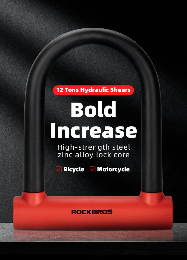 ROCKBROS Bicycle Locks,High-Strength Alloy Steel U-shaped locks,U-Lock Red with 1.2m cable
