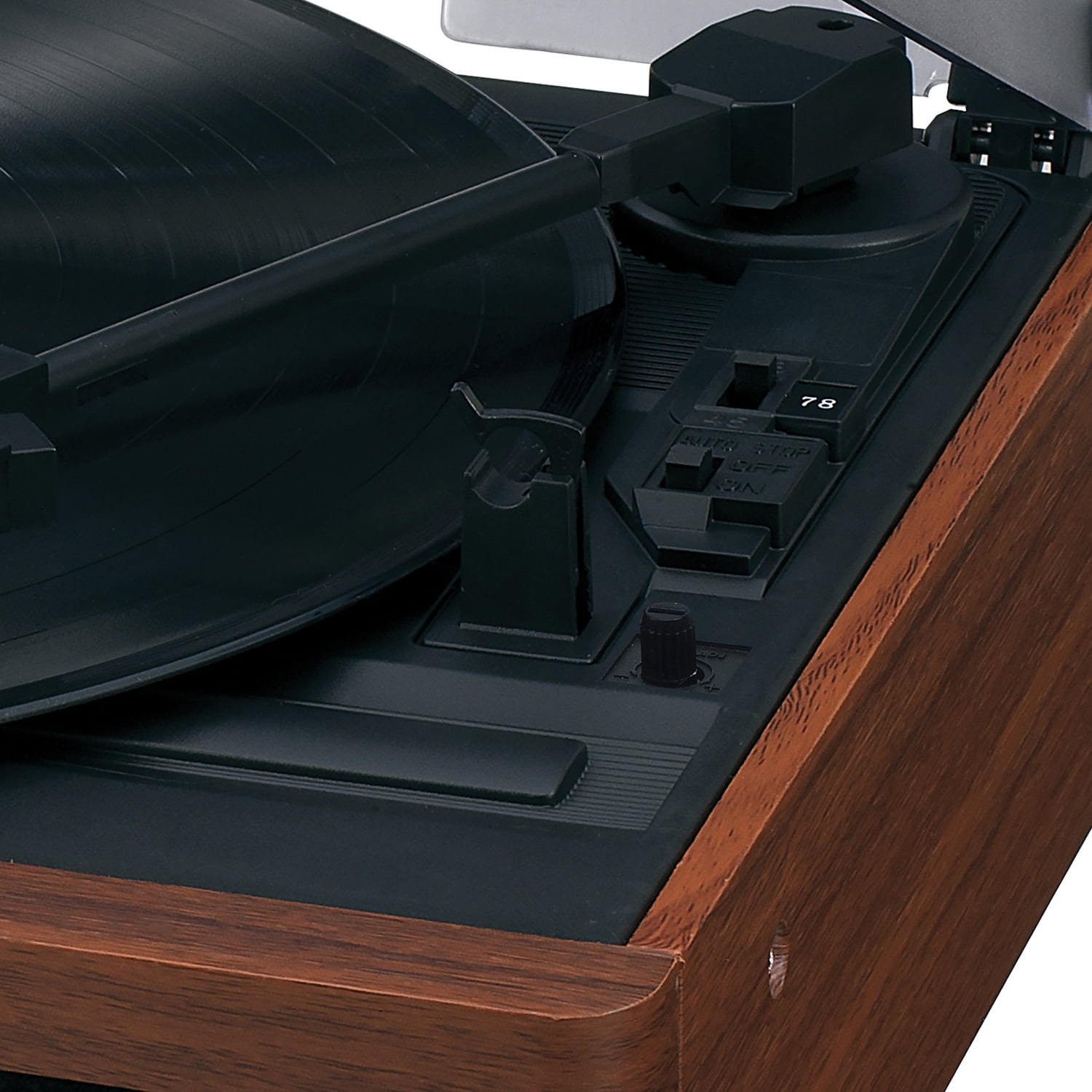 JENSEN 3-Watt 3-Speed Belt-Drive Manual Retro Turntable with Built-in Speakers, Pitch Control, AM/FM Radio, Antique Wood Case Design, JTA-222
