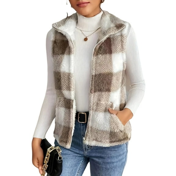 Women Sleeveless Fleece Vest Zip Up Fall Winter Coats with Pockets Khaki L