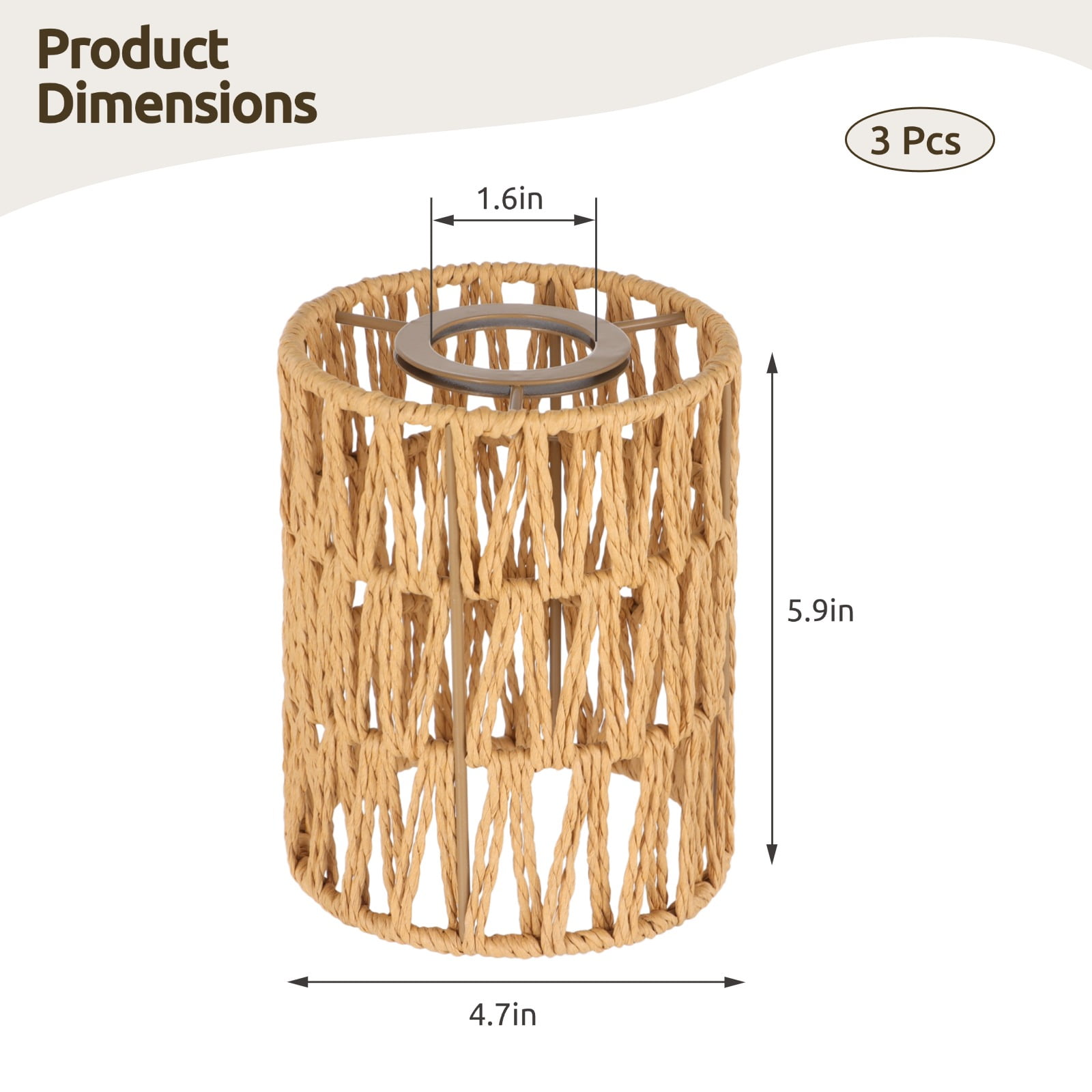3 Pack E27 Rattan Lampshades – Handwoven Cylinder Lamp Shade, Bohemian Paper Rope & Metal Frame, Natural Wicker Replacement for Table Pendant & Wall Lights, 4.7" x 5.9"