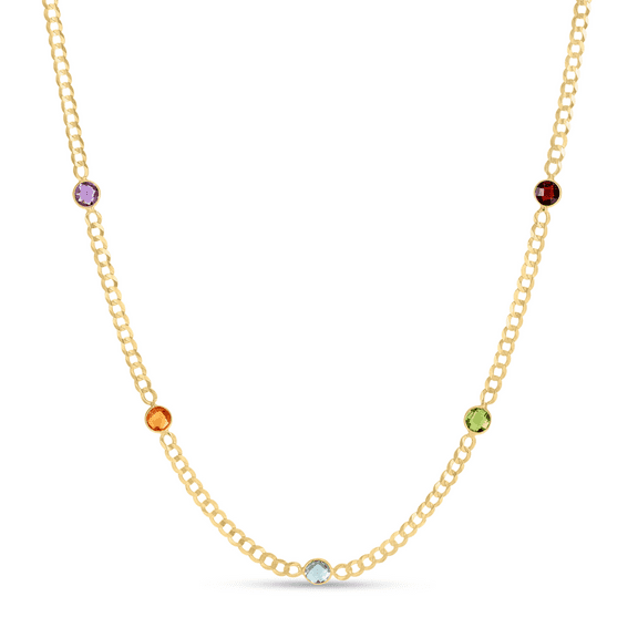 JewelStop 14K Yellow Gold Polished Finish Multi Color Gemstone Curb Chain Necklace, Lobster Clasp - 17"
