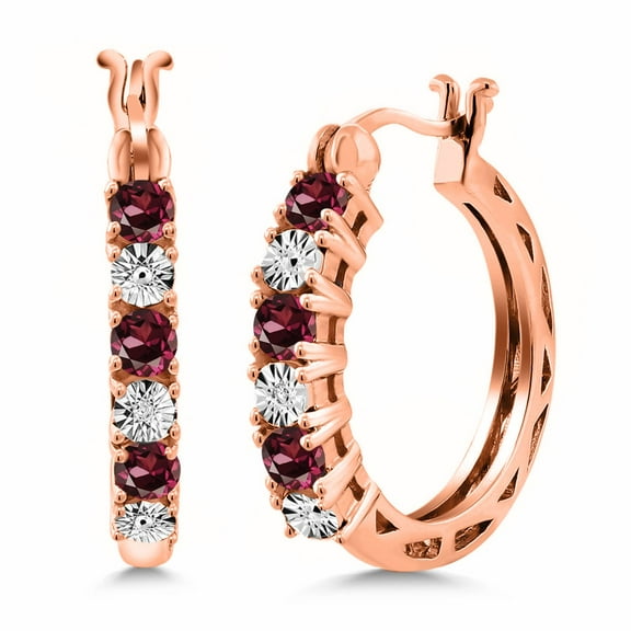 Gem Stone King 0.73 Ct Red Rhodolite Garnet E-F Lab Grown Diamond 18K Rose Gold Plated Silver Earrings