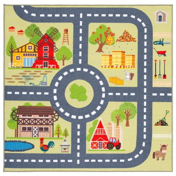 SAFAVIEH Kids Playhouse Farm Crossroads Machine Washable Area Rug, Light Green/Dark Grey, 5' x 5' Square