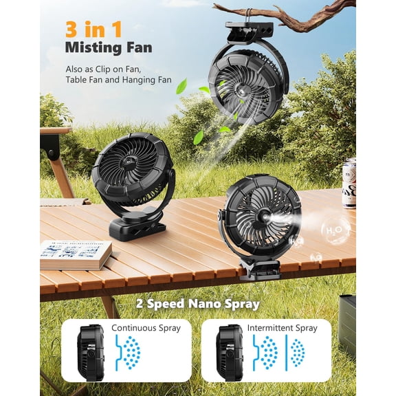 3-in-1 Portable Clip on Fan with Misting & LED Lights, 100ML Water , 5200mAh Battery for Travel Outdoor Camping