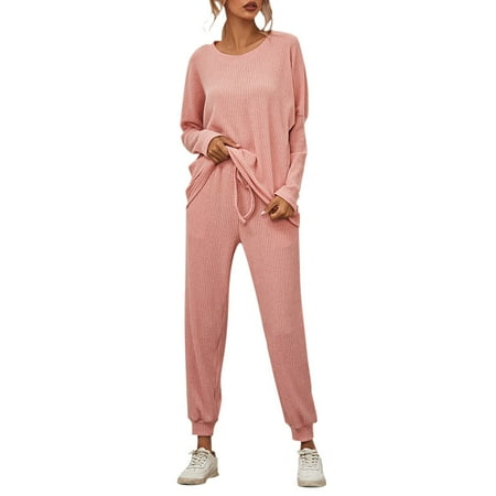 GZWYHT Sets for Women Pajamas for Women Set Women s Solid Color Stripes Loose Loungewear Pajamas Long Sleeved Casual Wear Cotton Pajamas for Women Set Comfy Pajamas for Women Set Pink S