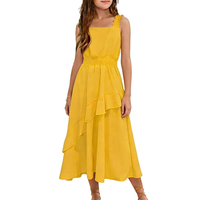 Ashirexll Robe Portefeuille Sans Manches pour Filles Polyester Col Rond Longueur Genou Style Princesse Bretelles Spaghetti Élégante pour Fête 3-13 Ans Jaune 7-8 Ans