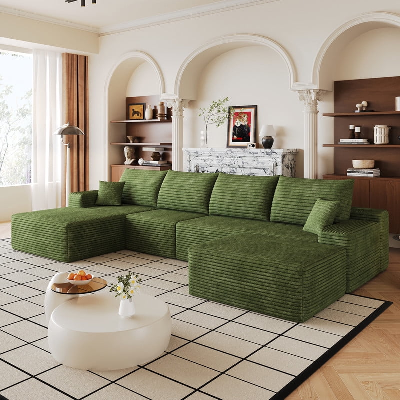 135" Cloud Sectional Sofa with Ottoman, U-Shaped Modular Sofa Couch with Chaise, Modern Minimalist Deep Seat Upholstered Sectional for Living Room, Plush Corduroy Fabric Corner Sofa
