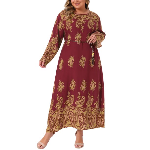 Vestido Maxi Boho de Talla Grande para Mujer Agnes Orinda, Cuello Redondo, Manga Larga, Cinturón, Casual, Corte A, Fluido, Talla 1X, Burdeos