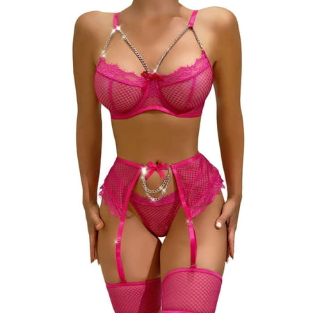 1Set Sexy Lingerie for Women  See Through Lingerie  Womens Sexy Eyelash Fishnet Lingerie Set Chain Babydoll Underwire Bra and Panty Sets with Garter Belt 4 Pieces  Rosered(M)
