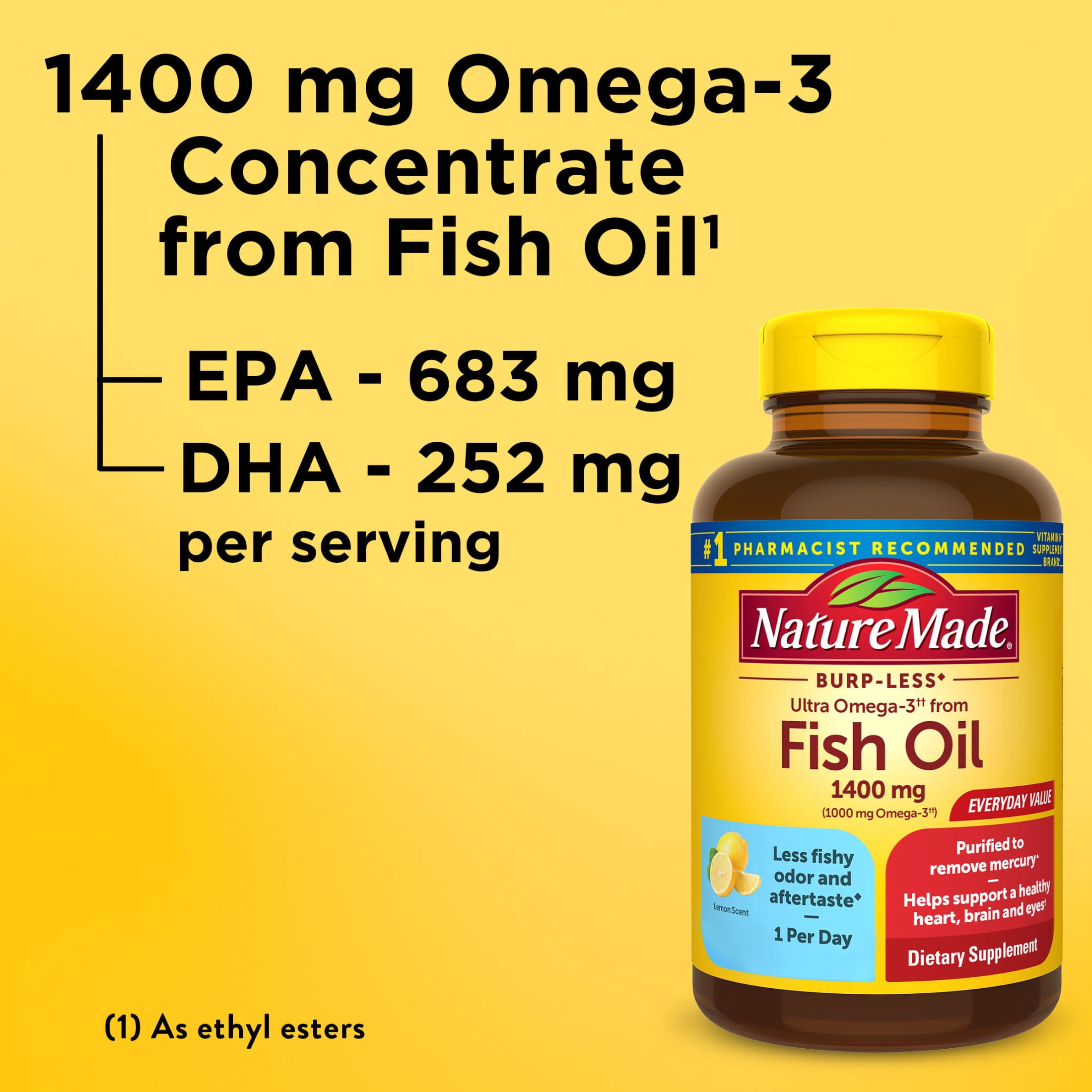 (3 pack) Nature Made Burp Less Ultra Omega 3 Fish Oil 1400 mg Softgels, Fish Oil Supplements, 100 Count