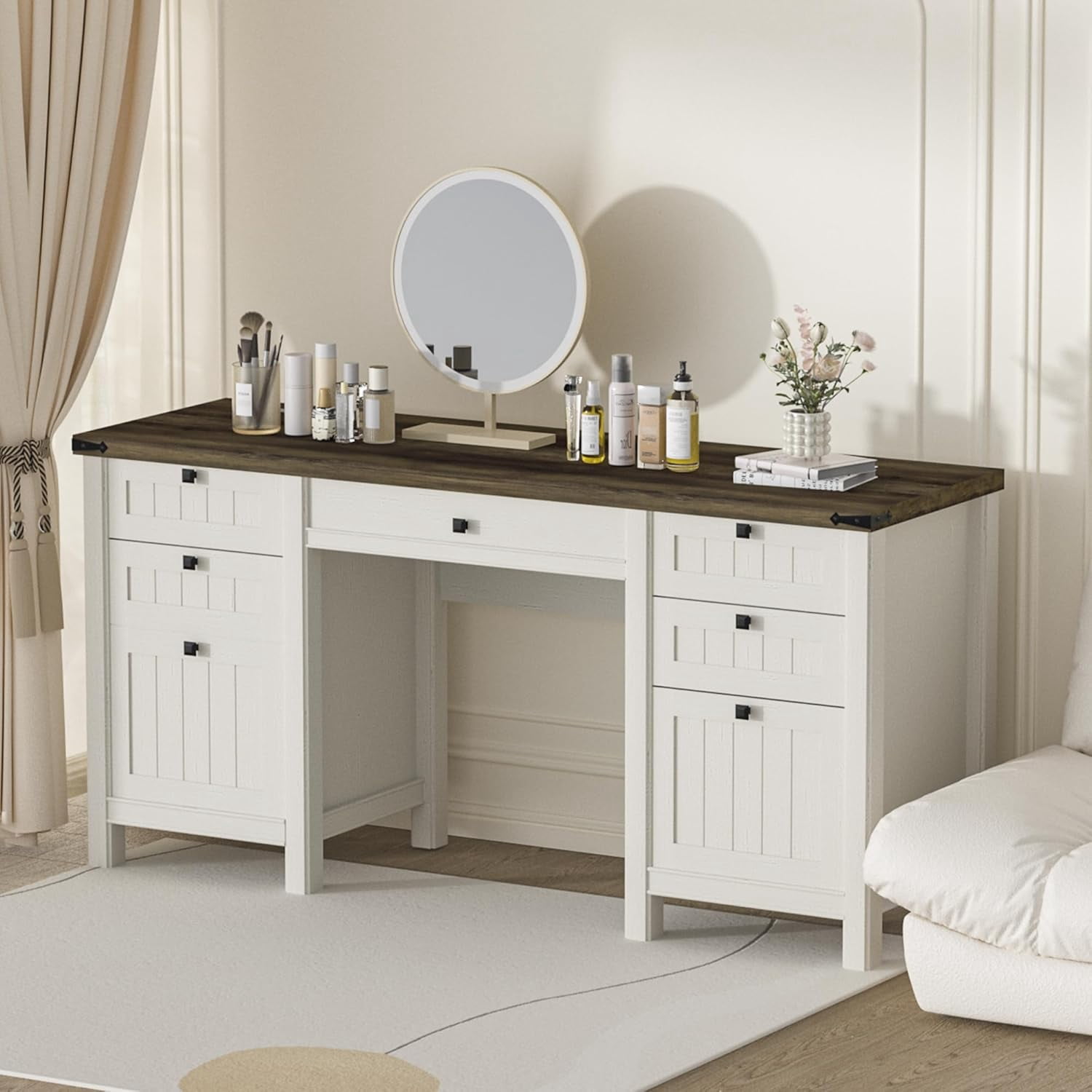 FIAKOA 45"Executive Desk, Modern Farmhouse Computer Desk with Drawers & Cabinet, White Home Office Desk Writing Workspace for Work Study