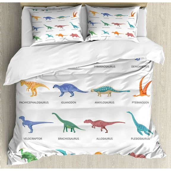 Tyrannosaurus Duvet Cover Set King Size, Different Type of Dinosaurs Fossil Ancient Characters Paleontology Jurassic, Decorative 3 Piece Bedding Set with 2 Pillow Shams, Multicolor, by Ambesonne