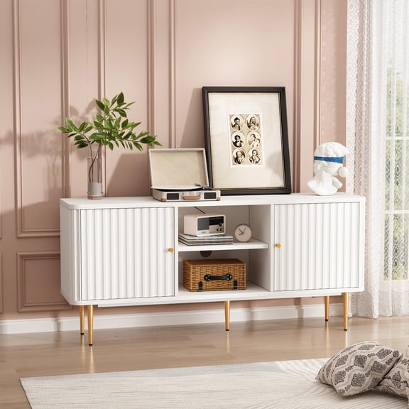 White Fluted Mid-Century TV Stand with Storage, 55 Inch Entertainment