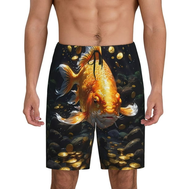 Balery Golden Koi And Treasure Pantalones cortos de pijama de punto de algodón para hombre con cinturilla y bolsillos-Large