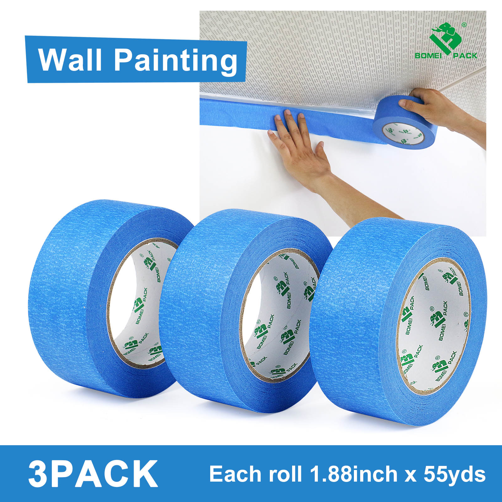 Bomei Pack Blue Painter's Tape, 3-Pack 2" x 55 Yard photo 2