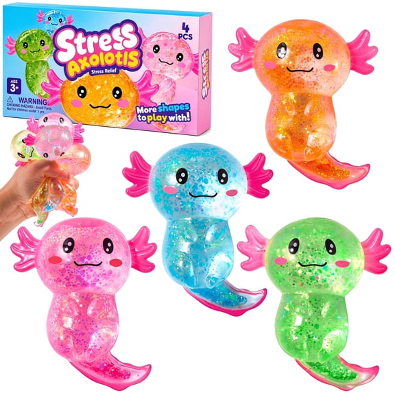 Joyfy 4PCS Axolotl Squishy Toys, Cute Glitter Axolotl Fidget Toys, Soft Squeeze Stress Relief Sensory Toys for Kids and Adults, Party Favors, Classroom Prizes, Birthday Gifts