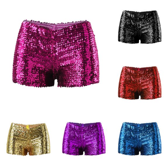ZHOGXU Women's Shorts Summer High Waist Solid Color Sequins Comfortable Fashion Slim Fit Shorts For Party And Stage Performance,Hot Pink,L