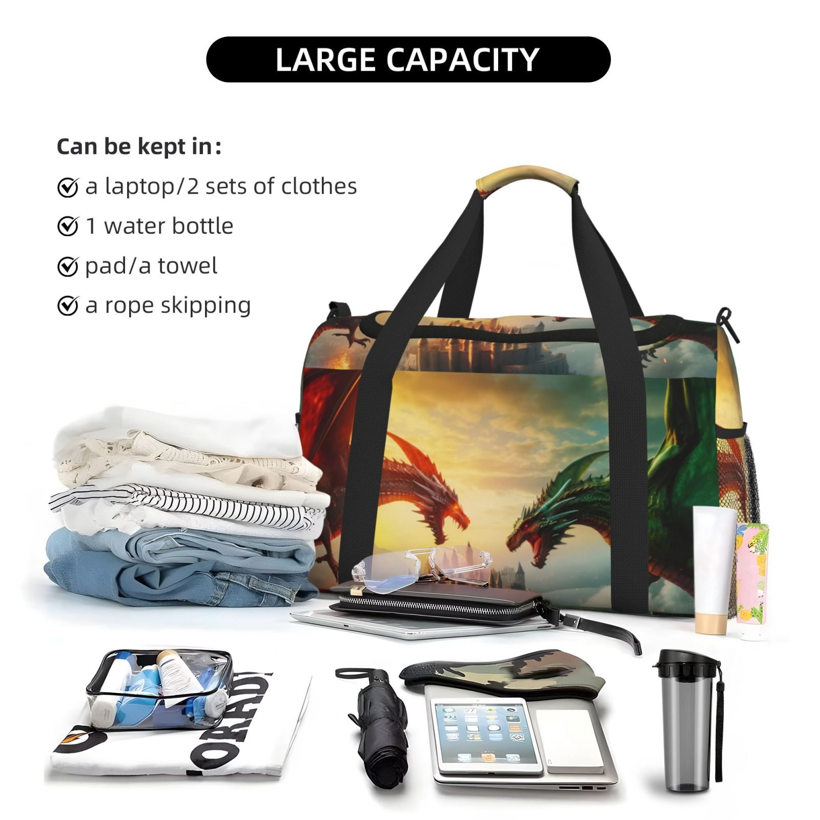 Fuzoiu Castle Red Green Sky Dragon Print Travel Duffle Bag,Carry On Tote Bags,Duffel Bag,Sport Gym Bag, Hospital Bag for Labor and Delivery, Overnight Bag,Luggage Bag