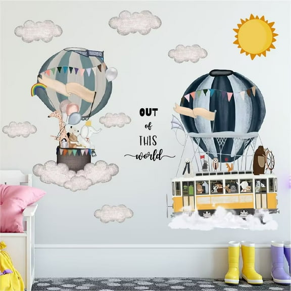 Hot Air Balloon Wall Decal，Animals Hot Air Balloon Wall Decals，Balloons Elephant Wall Stickers，White Cloud Wall Decoration Baby Nursery Girls Bedroom Toddler Room Wall Decor