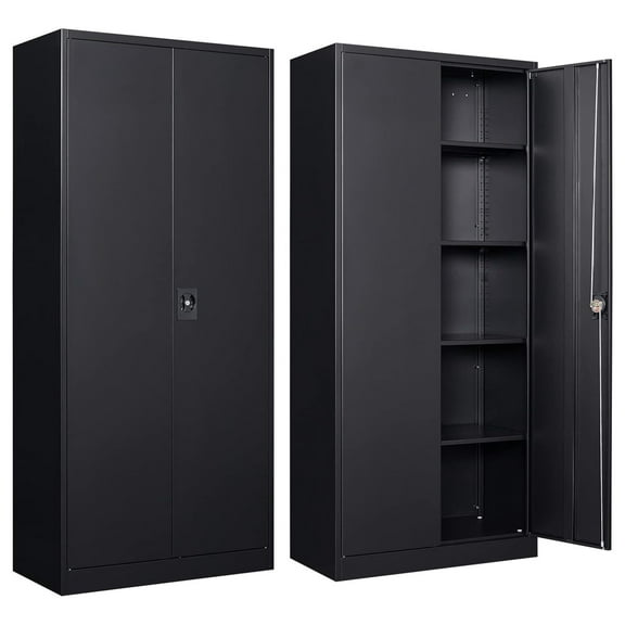 YOSITiuu Metal Garage Storage Cabinet, 71" Locking Storage Cabinet with 2 Doors and 5 Adjustable Shelves, Lockable Metal Cabinet for Office,Home,Garage,Gym,School (Black)