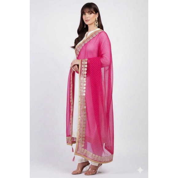 DWEEP SARA Jaipuri Woman's Bandhini Silk dupatta with Gotta Patti Border, Pink(dark)
