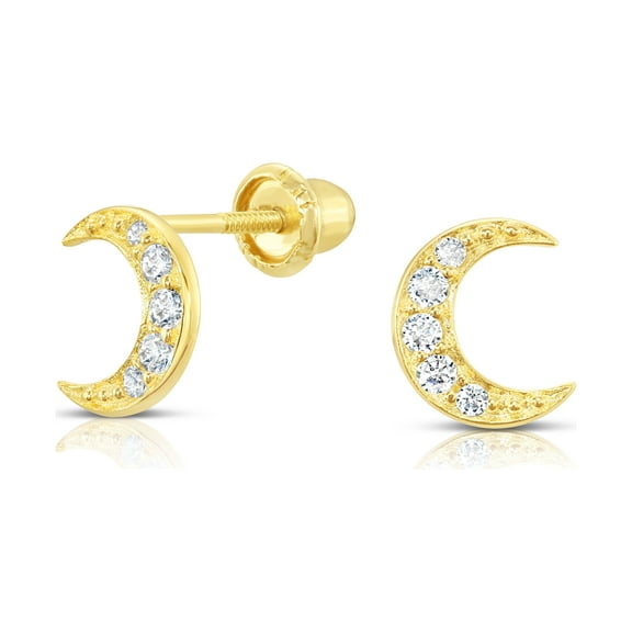 Tilo Jewelry 10K Yellow Gold Small Moon Crescent CZ Stud Post Earrings with Secure Screw-Backs | Everyday Dainty Small Earrings for Women & Unisex