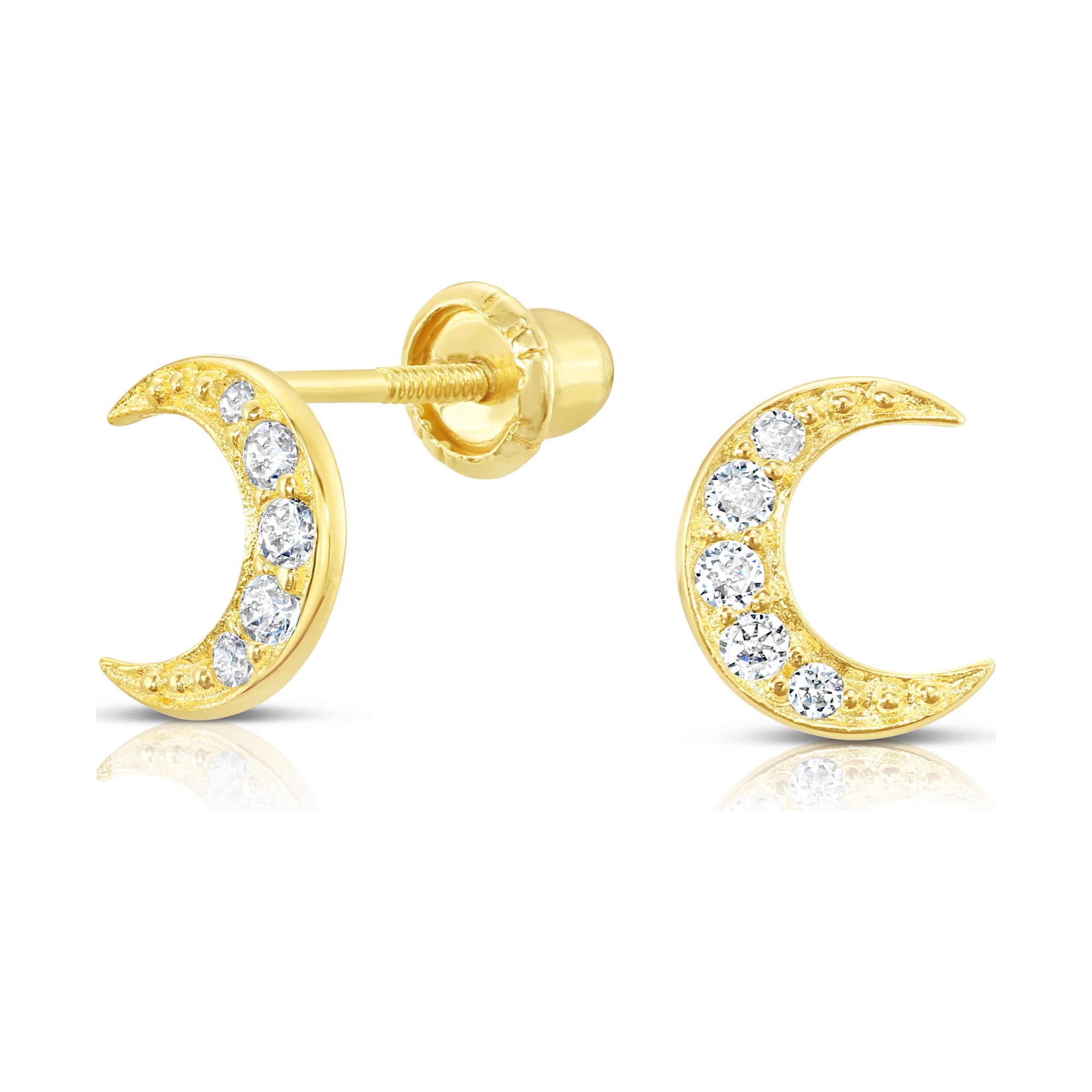 Tilo Jewelry 10K Yellow Gold Small Moon Crescent CZ Stud Post Earrings with Secure Screw-Backs | Everyday Dainty Small Earrings for Women & Unisex