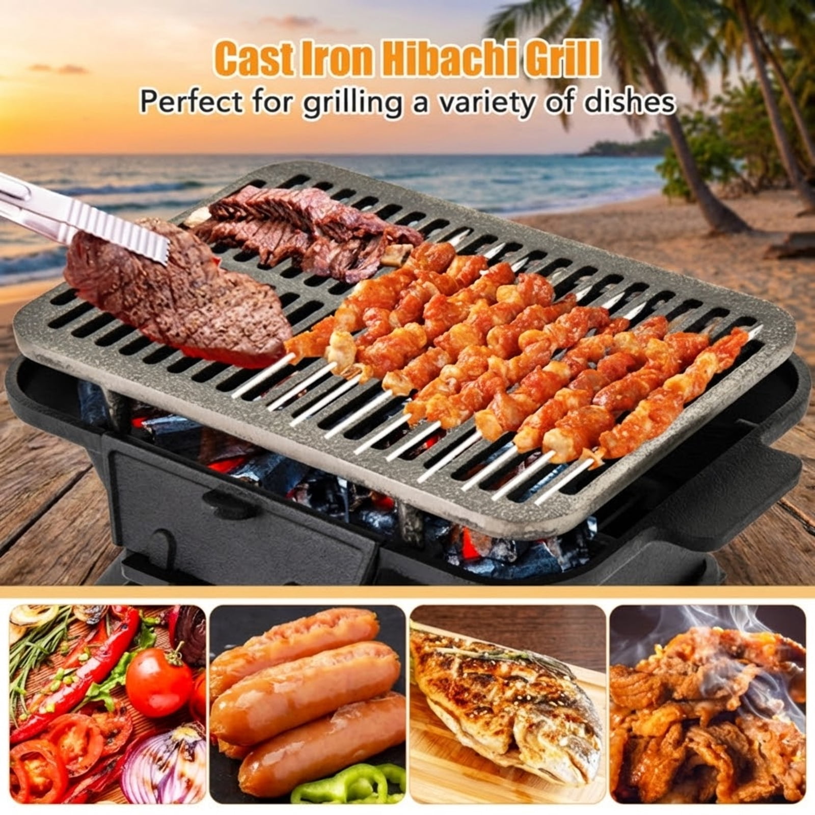 Biotree 100% Cast Iron Hibachi Charcoal Grill with Adjustable Height Grate and Grill Grate Lifter - Black