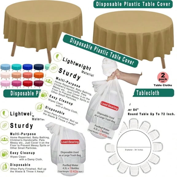 Gold Plastic Tablecloths 2 Pack Disposable Table Covers 84 Inch Circle Bridal Shower Party Tablecovers PEVA Vinyl Table Cloths for BBQ Picnic Birthday Wedding Banquet Parties 6 ft Round Table Use