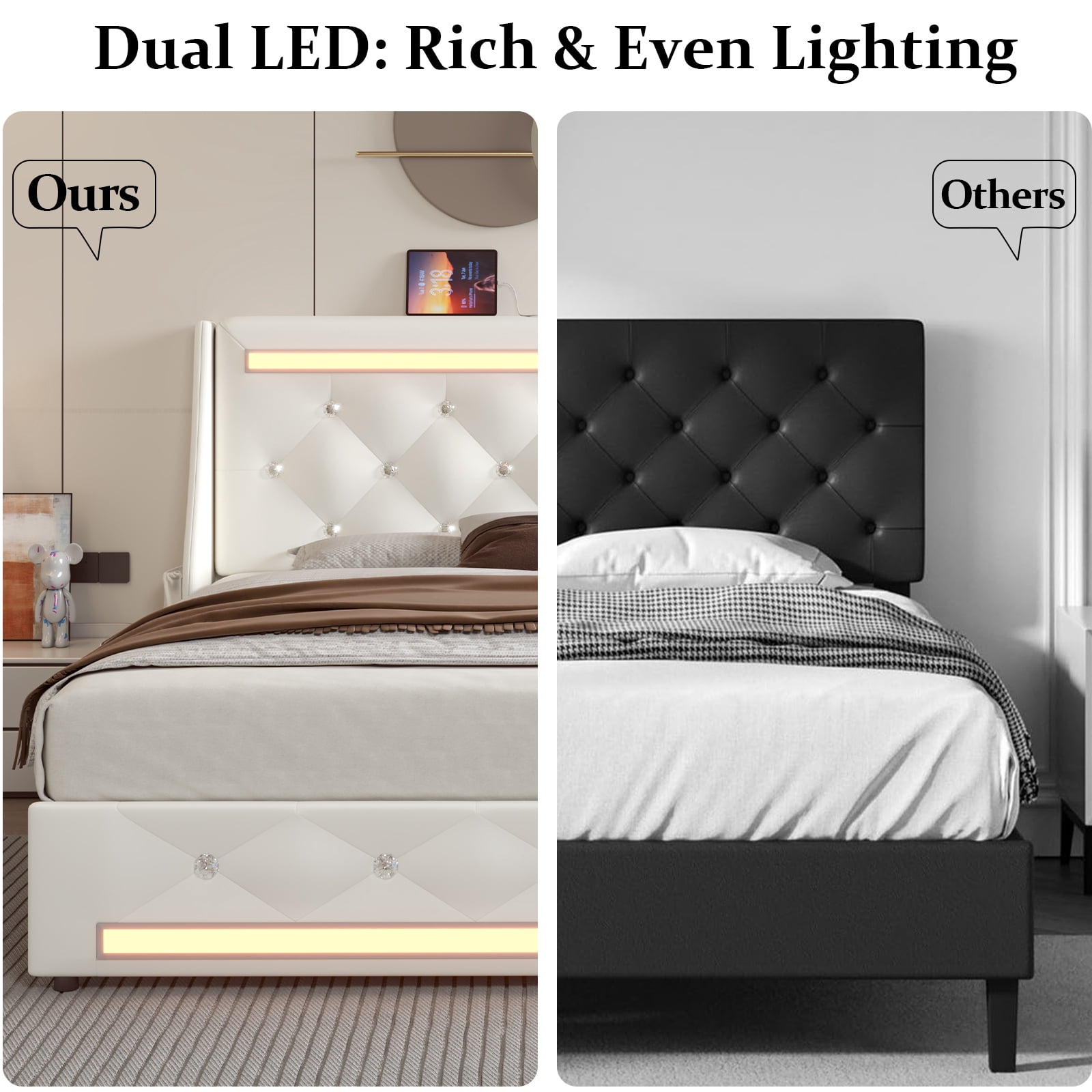 Holiway Full Size LED Bed Frame with Upholstered Headboard, Wingback PU Leather Headboard with Charging Station, Diamond Tufting, White