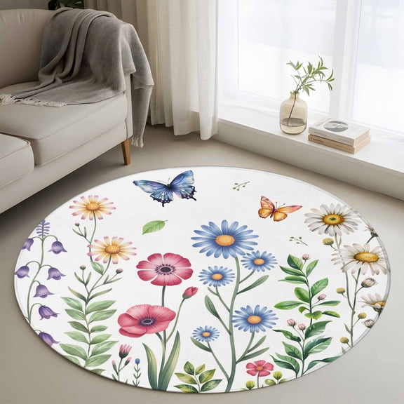 Round Area Rug 3.3 Ft, Spring Floral Washable Non-Slip Circle Carpet for Living Room/Bedroom, Pink Blue Flowers Botanical Butterflies Low-Profile Small Kitchen Mats Collection Rugs for Indoor