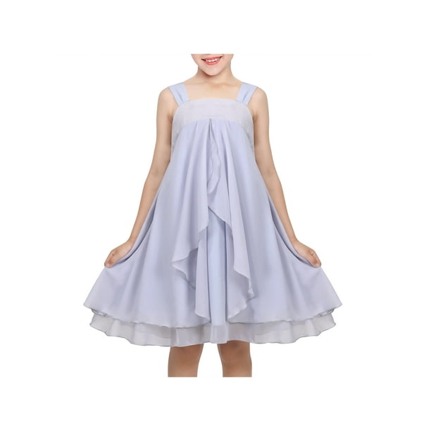 Vestido de Niña Gris con Volantes, Halter, de Fiesta, de Capas, de Gasa, Vestido Veraniego sin Mangas, 10 Años