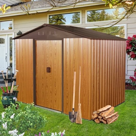CarButler 8x6ft Metal Outdoor Storage Shed with Lockable Sliding Doors for Garden Backyard Patio Lawn Coffee