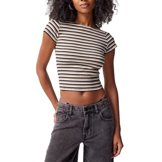 Diconna Women Short Sleeve Crop Tops Solid Color/Stripe Rib Knit Backless T-Shirts Summer Slim Fit Shirts Streetwear