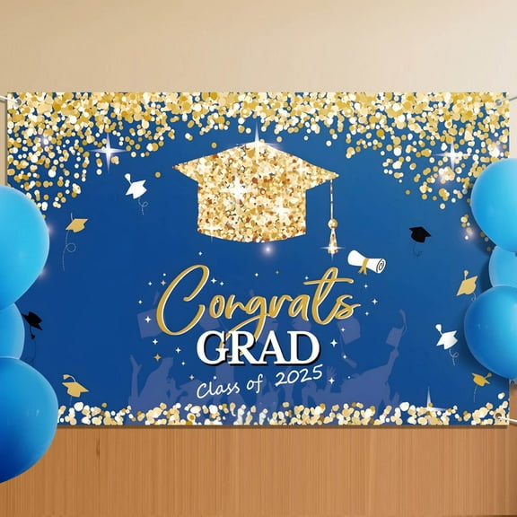 Yongcuo Graduation Party Backdrop 2025 Blue and Gold Congrats Grad Banner with Glitter Cap Design for Celebrations Red